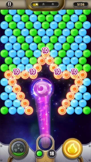 Ekran rozgrywki Neon Bubble Clash z kolorowymi bańkami